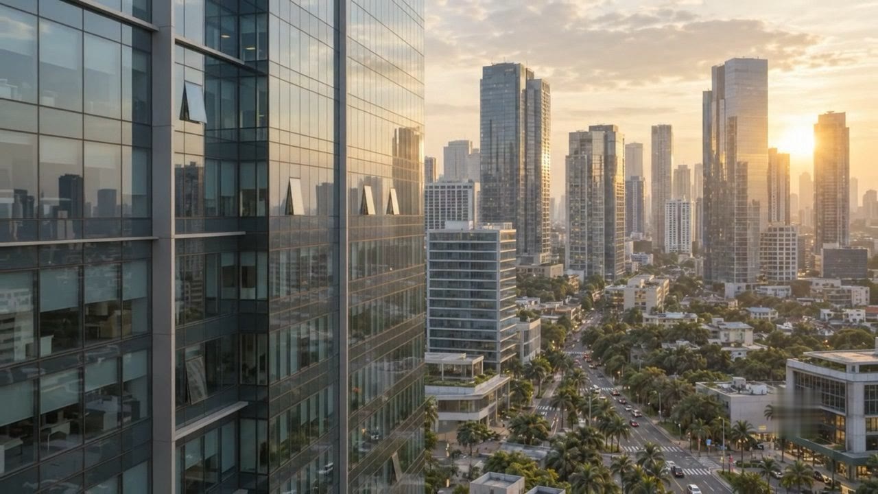 Office towers and a palm lined avenue at sunset