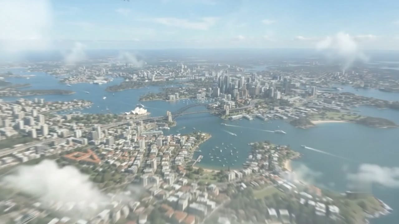 Aerial view of Sydney Harbour with the Opera House and the Harbour Bridge