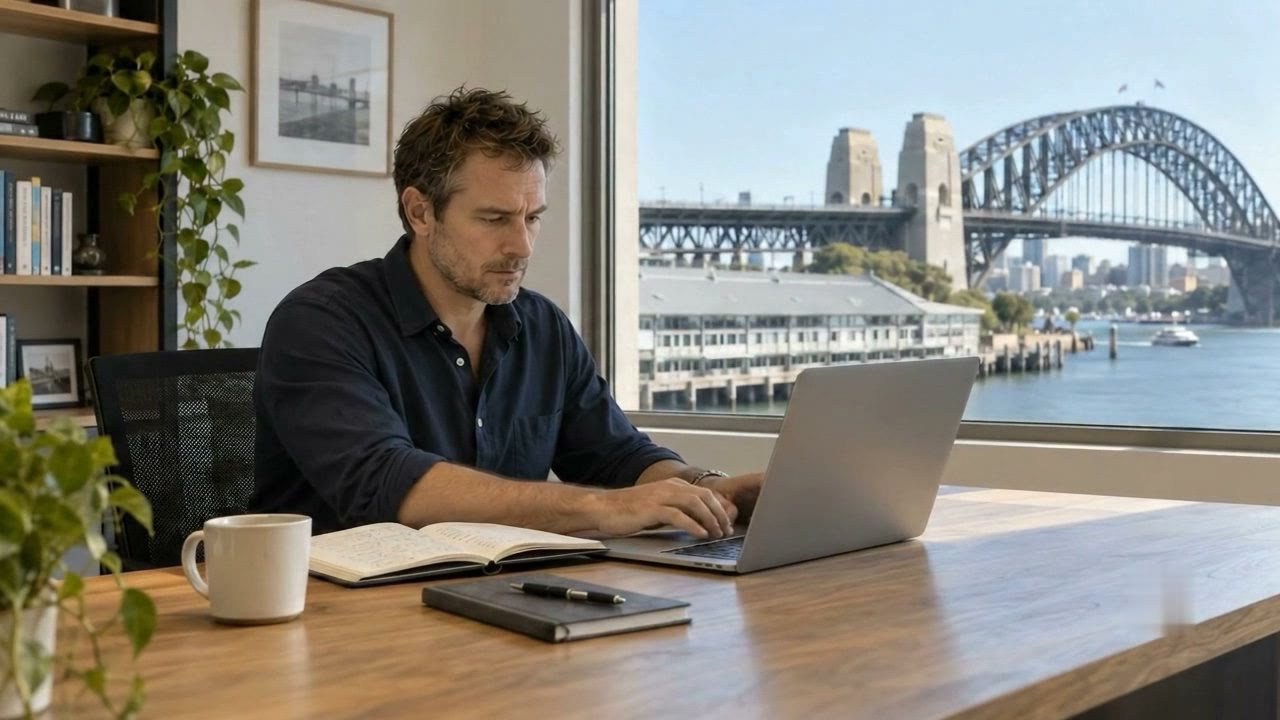 A man working on a laptop by a window onto the Sydney Harbour Bridge